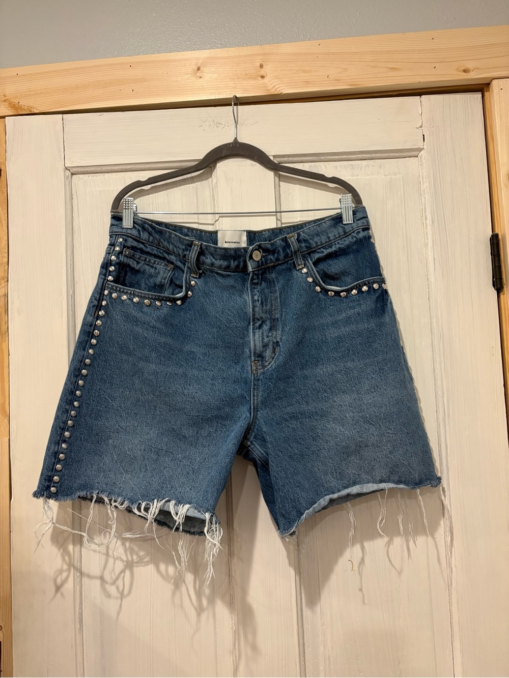 Reformation Blue Studded High-Rise Denim Shorts